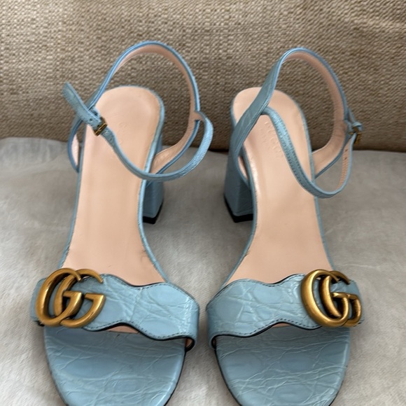 Gucci Shoes - Gucci Light Blue Heels with Gold Logo